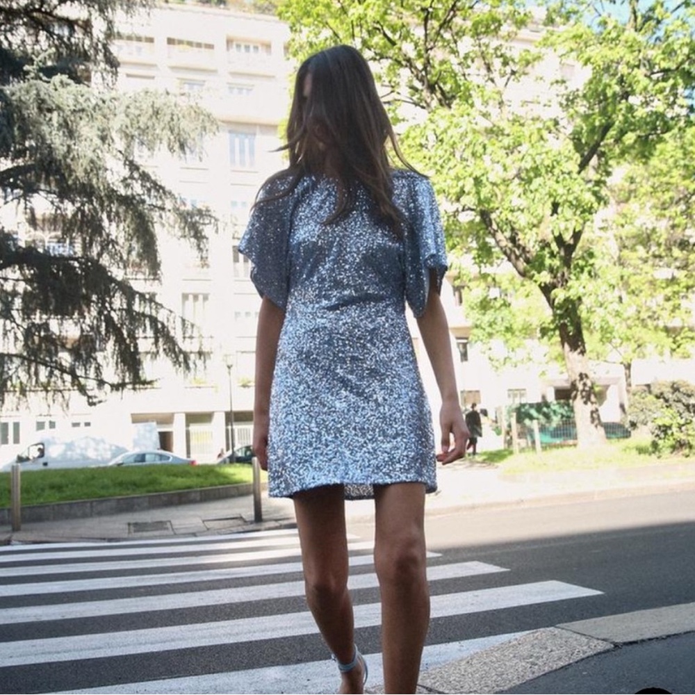 Zara Draped Back Short Sequin Dress Light Blue